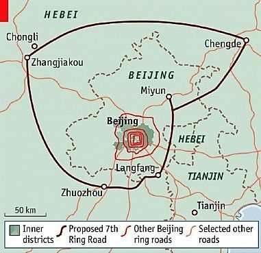 Il 7° Ring e all'interno gli altri 6 che circondano Pechino