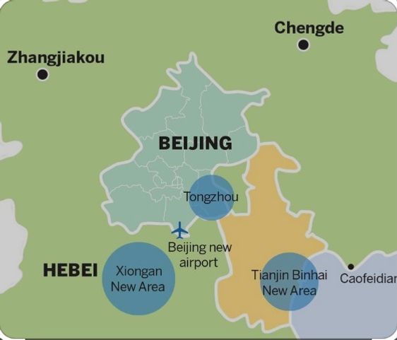La posizione di Tongzhou e Xiongan rispetto a Pechino e Tianjin